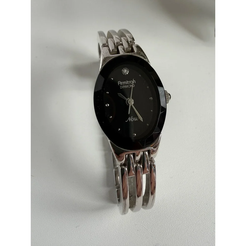 Armitron Now Diamond‎ Silver Tone Oval Black Dial Bracelet Watch Working